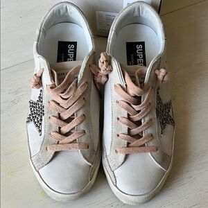 Golden Goose Superstar LTD in leather with beige suede star w/Swarovski studs